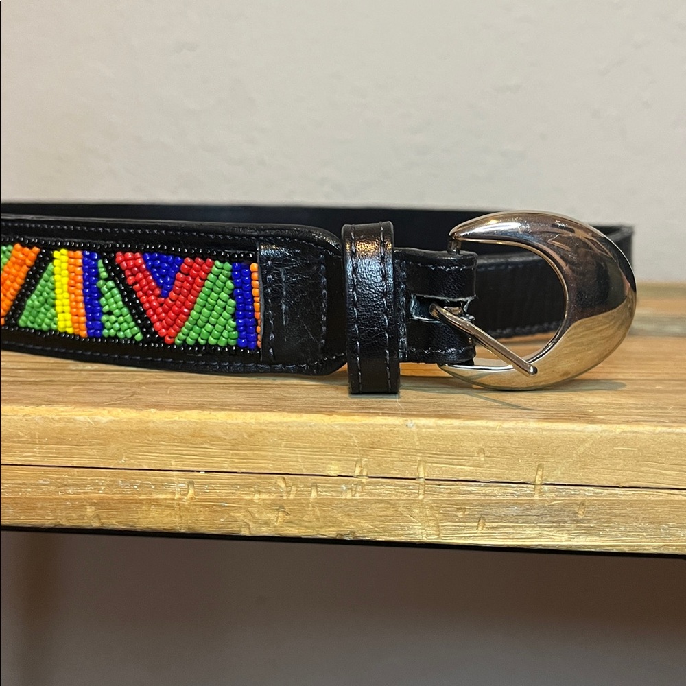 Ginnie Johansen Colorful Beaded Black Leather Belt size 27